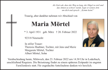Traueranzeige von Maria Mörtel von Neumarkter Nachrichten Lokal