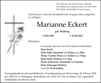 Traueranzeige von Marianne Eckert von Nordbayerische Nachrichten Forchheim Lokal