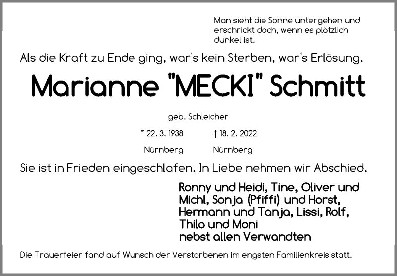  Traueranzeige für Marianne Schmitt vom 26.02.2022 aus Gesamtausgabe Nürnberger Nachrichten/ Nürnberger Ztg.