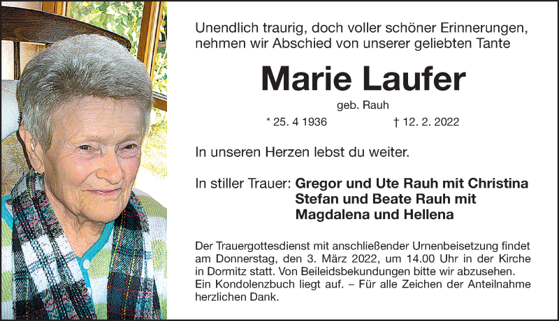  Traueranzeige für Marie Laufer vom 26.02.2022 aus Erlanger Nachrichten Lokal