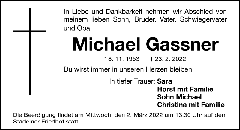  Traueranzeige für Michael Gassner vom 01.03.2022 aus Fürther Nachrichten Lokal