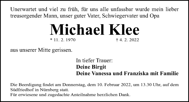  Traueranzeige für Michael Klee vom 08.02.2022 aus Gesamtausgabe Nürnberger Nachrichten/ Nürnberger Ztg.