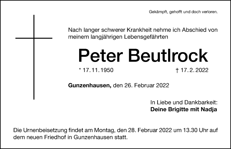  Traueranzeige für Peter Beutlrock vom 26.02.2022 aus Altmühl-Bote Lokal