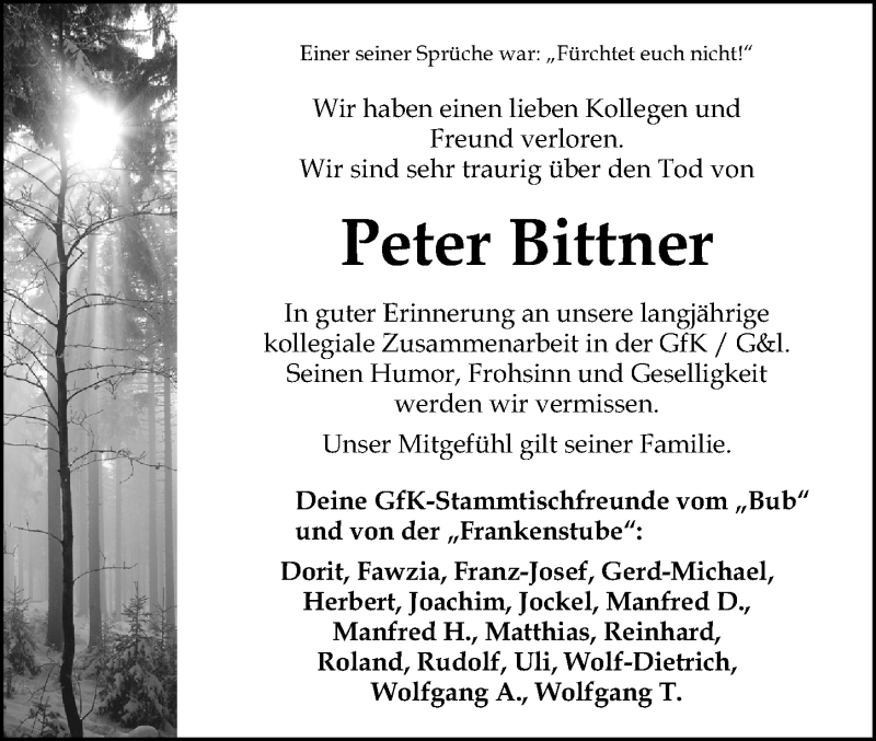  Traueranzeige für Peter Bittner vom 23.02.2022 aus Gesamtausgabe Nürnberger Nachrichten/ Nürnberger Ztg.