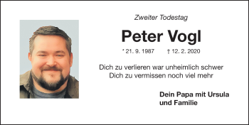 Traueranzeige von Peter Vogl von Gesamtausgabe Nürnberger Nachrichten/ Nürnberger Ztg.