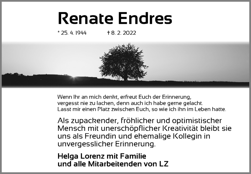  Traueranzeige für Renate Endres vom 19.02.2022 aus Gesamtausgabe Nürnberger Nachrichten/ Nürnberger Ztg.