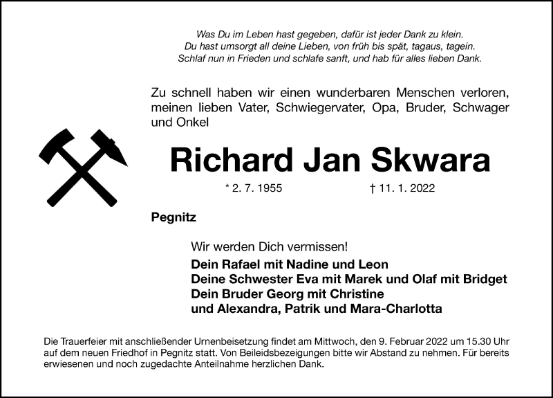  Traueranzeige für Richard Jan Skwara vom 05.02.2022 aus Nordbayerische Nachrichten Pegnitz Lokal