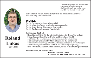 Traueranzeige von Roland Lukas von Roth-Hilpoltsteiner Volkszeitung Lokal