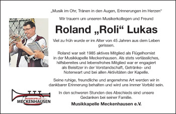 Traueranzeige von Roland Lukas von Roth-Hilpoltsteiner Volkszeitung Lokal