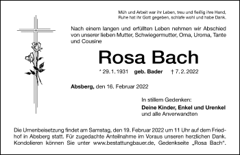 Traueranzeige von Rosa Bach von Altmühl-Bote Lokal