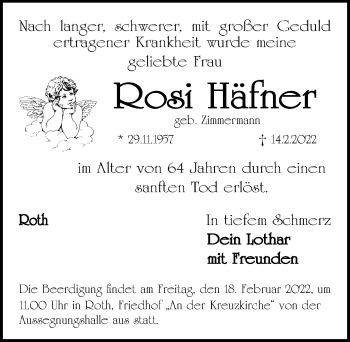 Traueranzeige von Rosi Häfner von Roth-Hilpoltsteiner Volkszeitung Lokal
