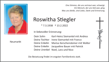 Traueranzeige von Roswitha Stiegler von Neumarkter Nachrichten Lokal