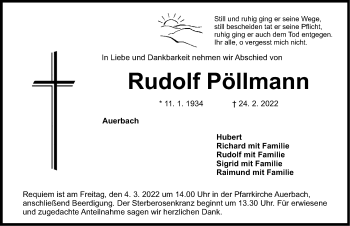 Traueranzeige von Rudolf Pöllmann von Nordbayerische Nachrichten Pegnitz Lokal