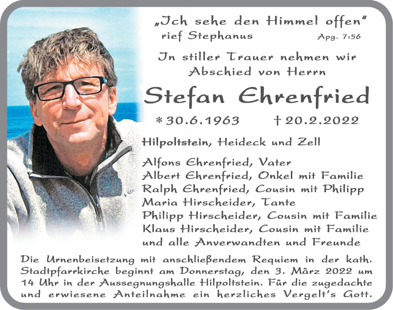  Traueranzeige für Stefan Ehrenfried vom 26.02.2022 aus Roth-Hilpoltsteiner Volkszeitung Lokal