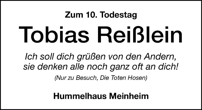  Traueranzeige für Tobias Reißlein vom 10.02.2022 aus Altmühl-Bote Lokal