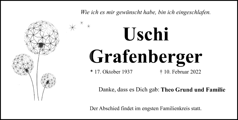  Traueranzeige für Ursula Grafenberger vom 19.02.2022 aus Fürther Nachrichten Lokal
