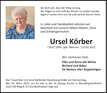 Traueranzeige von Ursel Körber von Gesamtausgabe Nürnberger Nachrichten/ Nürnberger Ztg.