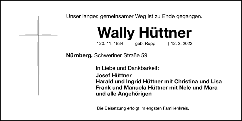  Traueranzeige für Wally Hüttner vom 19.02.2022 aus Gesamtausgabe Nürnberger Nachrichten/ Nürnberger Ztg.