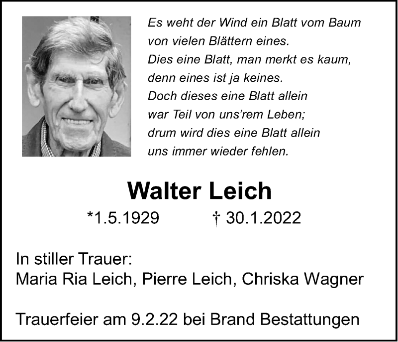  Traueranzeige für Walter Leich vom 05.02.2022 aus Gesamtausgabe Nürnberger Nachrichten/ Nürnberger Ztg.