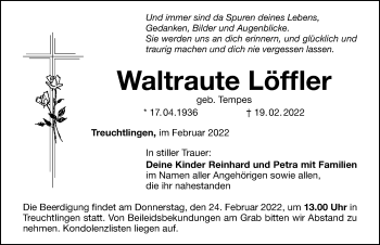 Traueranzeige von Waltraute Löffler von Weißenburger Tagblatt u.Treuchtlinger Kurier Lokal