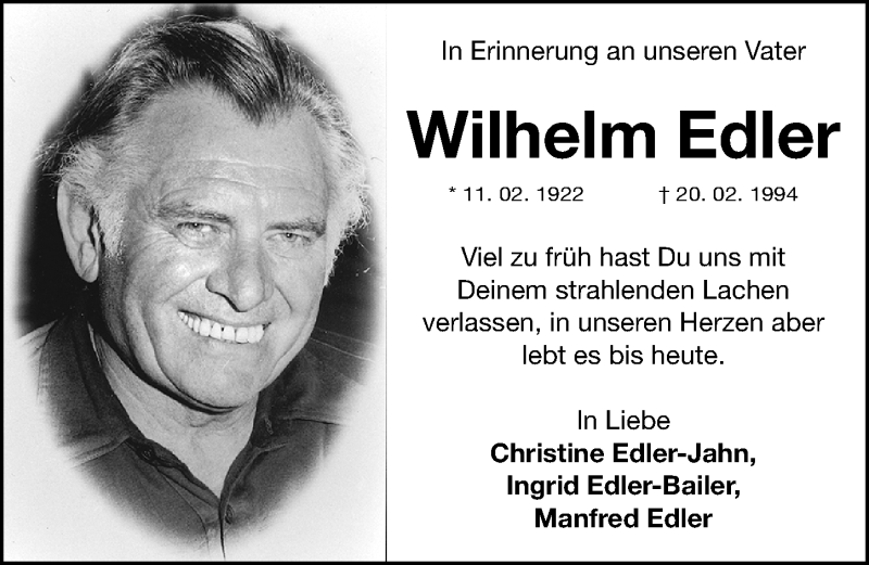  Traueranzeige für Wilhelm Edler vom 11.02.2022 aus Gesamtausgabe Nürnberger Nachrichten/ Nürnberger Ztg.