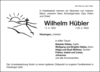 Traueranzeige von Wilhelm Hübler von Altmühl-Bote Lokal