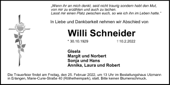 Traueranzeige von Willi Schneider von Erlanger Nachrichten/ Gesamtausgabe Nürnberger Nachrichten/ Nürnberger Ztg.