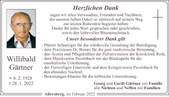 Traueranzeige von Willibald Gärtner von Roth-Hilpoltsteiner Volkszeitung Lokal