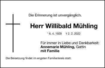 Traueranzeige von Willibald Mühling von Gesamtausgabe Nürnberger Nachrichten/ Nürnberger Ztg.