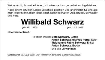 Traueranzeige von Willibald Schwarz von Nordbayerische Nachrichten Herzogenaurach Lokal
