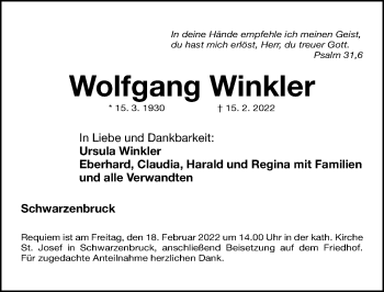 Traueranzeige von Wolfgang Winkler von Gesamtausgabe Nürnberger Nachrichten/ Nürnberger Ztg.