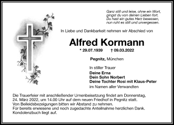 Traueranzeige von Alfred Kormann von Nordbayerische Nachrichten Pegnitz Lokal