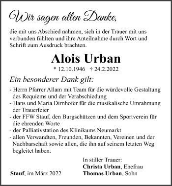 Traueranzeige von Alois Urban von Neumarkter Nachrichten Lokal