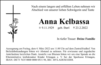 Traueranzeige von Anna Kelbassa von Erlanger Nachrichten Lokal