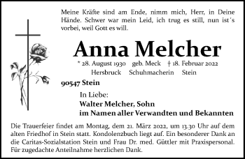 Traueranzeige von Anna Melcher von Fürther Nachrichten Lokal