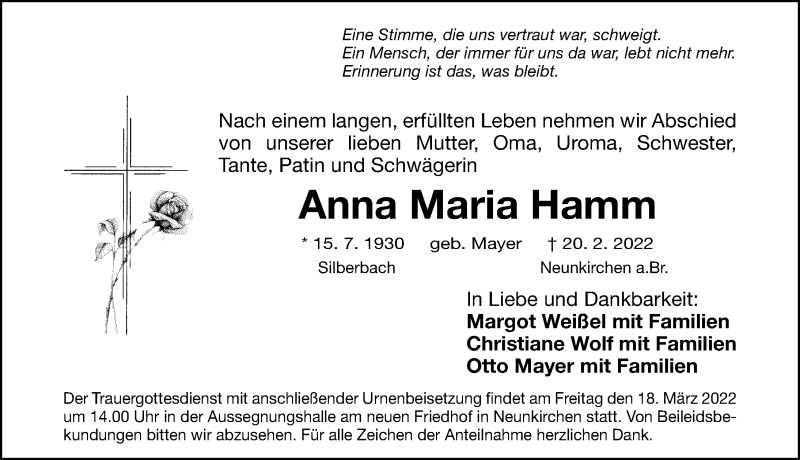  Traueranzeige für Anna Maria Hamm vom 14.03.2022 aus Nordbayer. Nachrichten Forchheim/ Erlanger Nachrichten