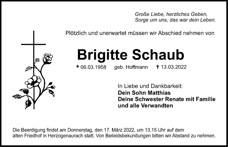  Traueranzeige für Brigitte Schaub vom 16.03.2022 aus Nordbayerische Nachrichten Herzogenaurach Lokal