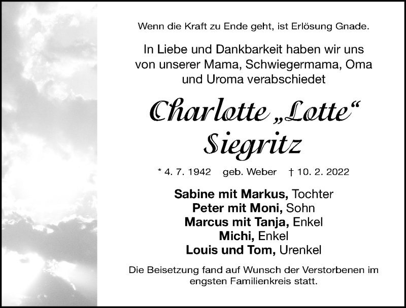  Traueranzeige für Charlotte Siegritz vom 05.03.2022 aus Gesamtausgabe Nürnberger Nachrichten/ Nürnberger Ztg.