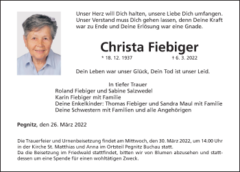 Traueranzeige von Christa Fiebiger von Nordbayerische Nachrichten Pegnitz Lokal