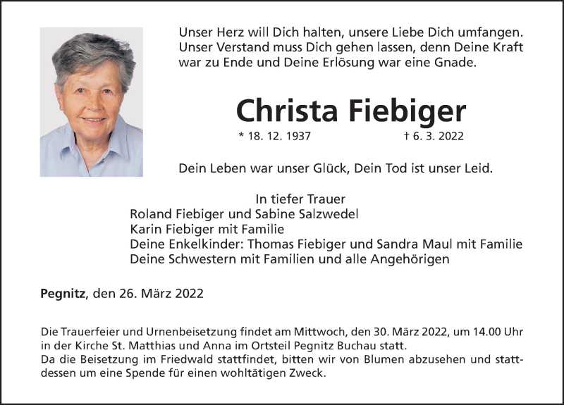 Traueranzeigen von Christa Fiebiger | trauer.nn.de