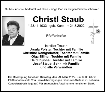 Traueranzeige von Christl Staub von Roth-Hilpoltsteiner Volkszeitung Lokal