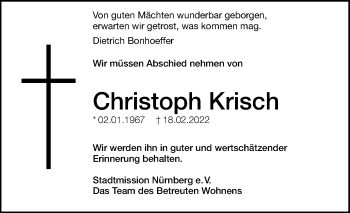 Traueranzeige von Christoph Krisch von Gesamtausgabe Nürnberger Nachrichten/ Nürnberger Ztg.
