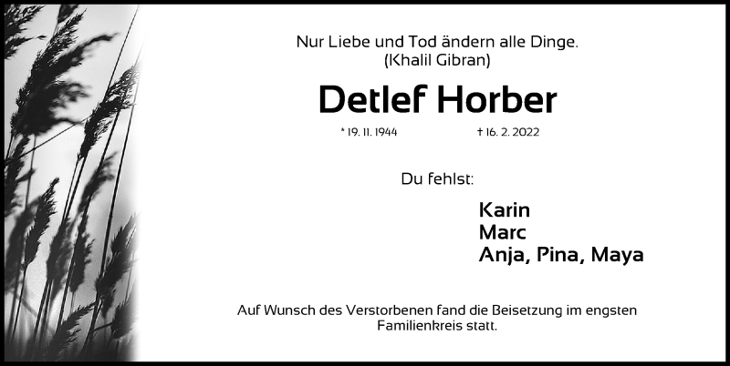  Traueranzeige für Detlef Horber vom 08.03.2022 aus Gesamtausgabe Nürnberger Nachrichten/ Nürnberger Ztg.