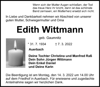 Traueranzeige von Edith Wittmann von Nordbayerische Nachrichten Pegnitz Lokal