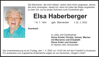 Traueranzeige von Elsa Haberberger von Nordbayerische Nachrichten Pegnitz Lokal