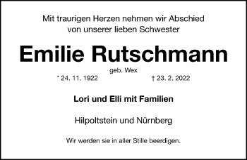 Traueranzeige von Emilie Rutschmann von Roth-Hilpoltsteiner Volkszeitung Lokal