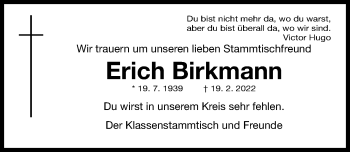 Traueranzeige von Erich Birkmann von Gesamtausgabe Nürnberger Nachrichten/ Nürnberger Ztg.