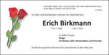 Traueranzeige von Erich Birkmann von Gesamtausgabe Nürnberger Nachrichten/ Nürnberger Ztg.