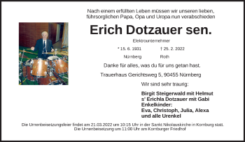Traueranzeige von Erich Dotzauer von Gesamtausgabe Nürnberger Nachrichten/ Nürnberger Ztg.
