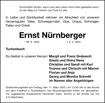 Traueranzeige von Ernst Nürnberger von Fürther Nachrichten Lokal